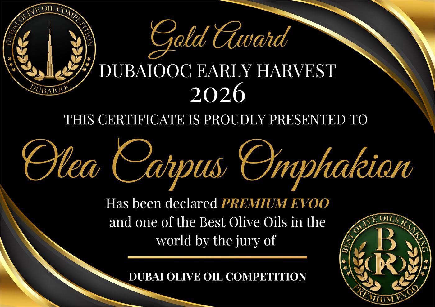 Gold Award του Dubai Olive Oil Competition 2026 για το Olea Carpus Omphakion